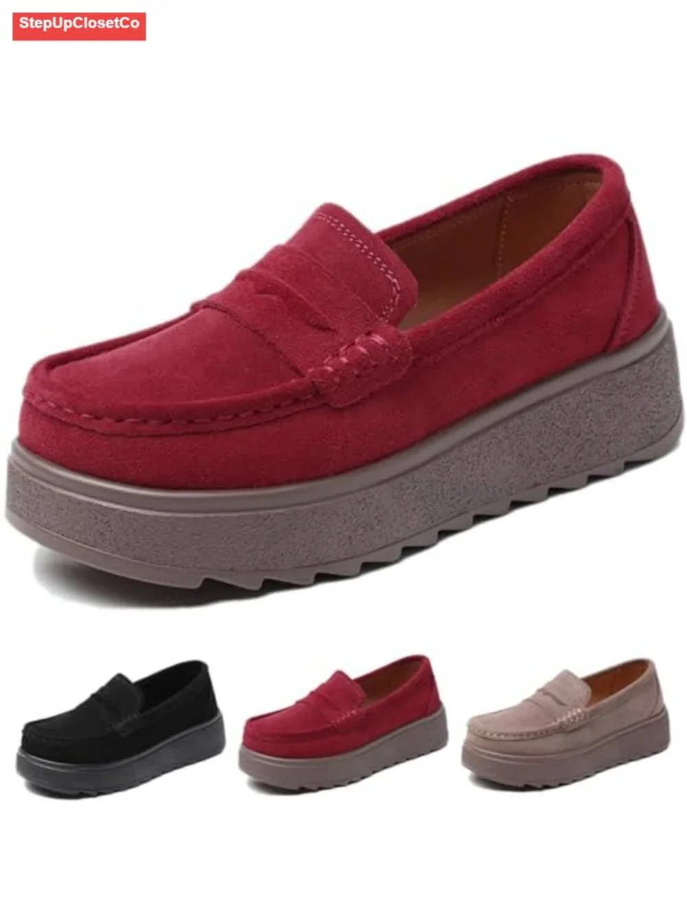 Women's Suede Platform Wedge Loafers Mocc Slip-On Shoes Anti-Slip Lug Sole